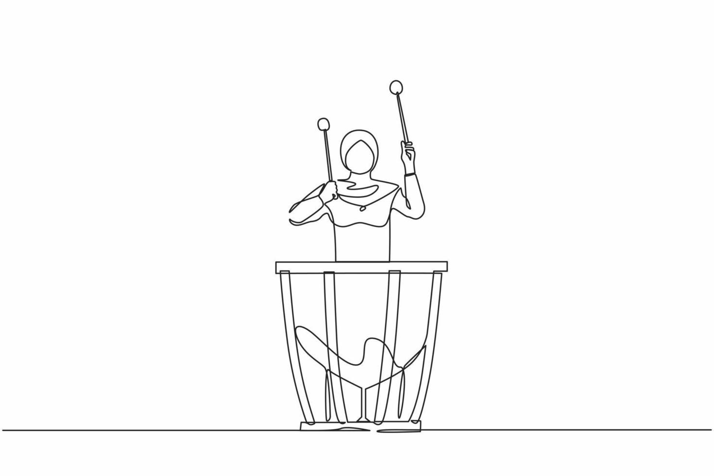 une seule ligne continue dessinant une joueuse de percussion féminine arabe jouant sur des timbales. interprète de femme tenant un bâton et jouant d'un instrument de musique. timbales d'instruments de musique. vecteur de conception graphique d'une ligne