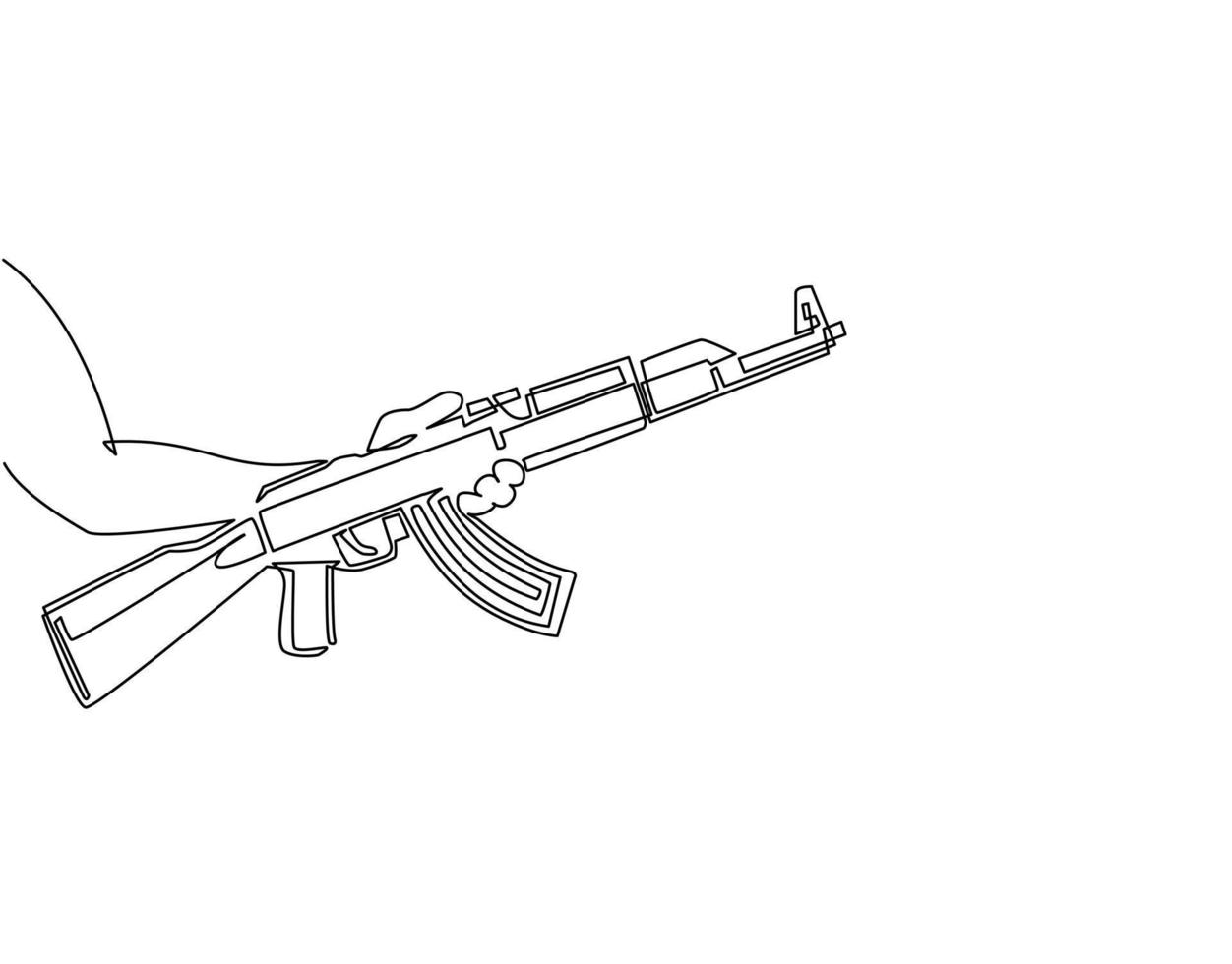 main de dessin en ligne continue unique tenant un fusil d'assaut de mitrailleuse ak 47 kalashnikov. concept de terrorisme d'arme à feu. fusil automatique militaire. une ligne dessiner illustration vectorielle de conception graphique vecteur