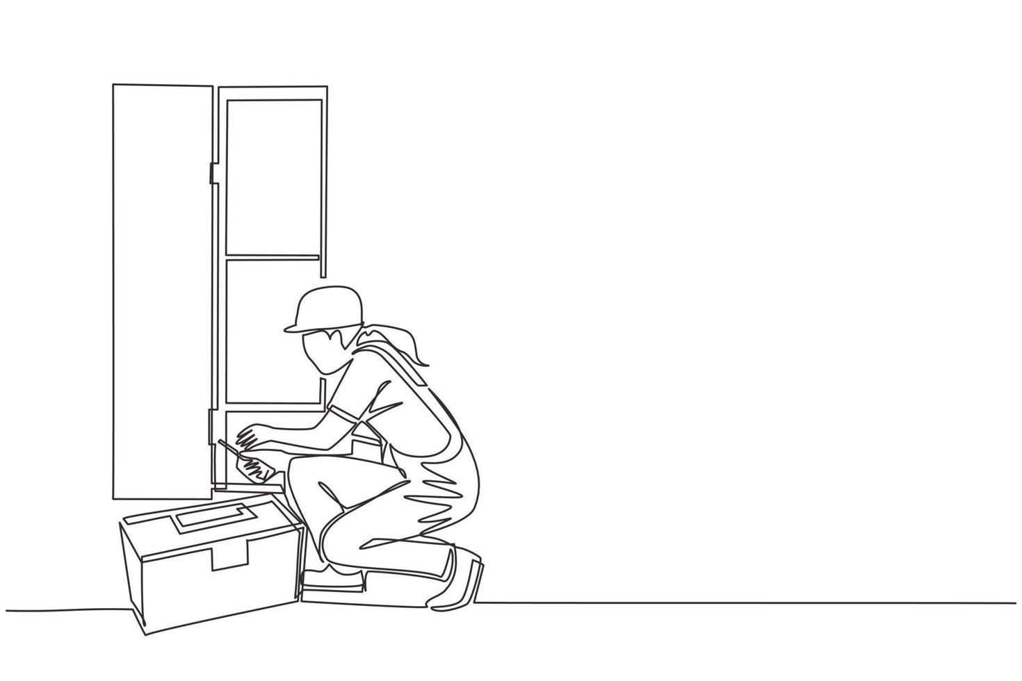 réparation de dessin en une seule ligne, fabricant ou constructions de meubles de maison en bois. une charpentière monte une armoire ou une armoire avec des étagères. vecteur graphique de conception de dessin de ligne continue moderne