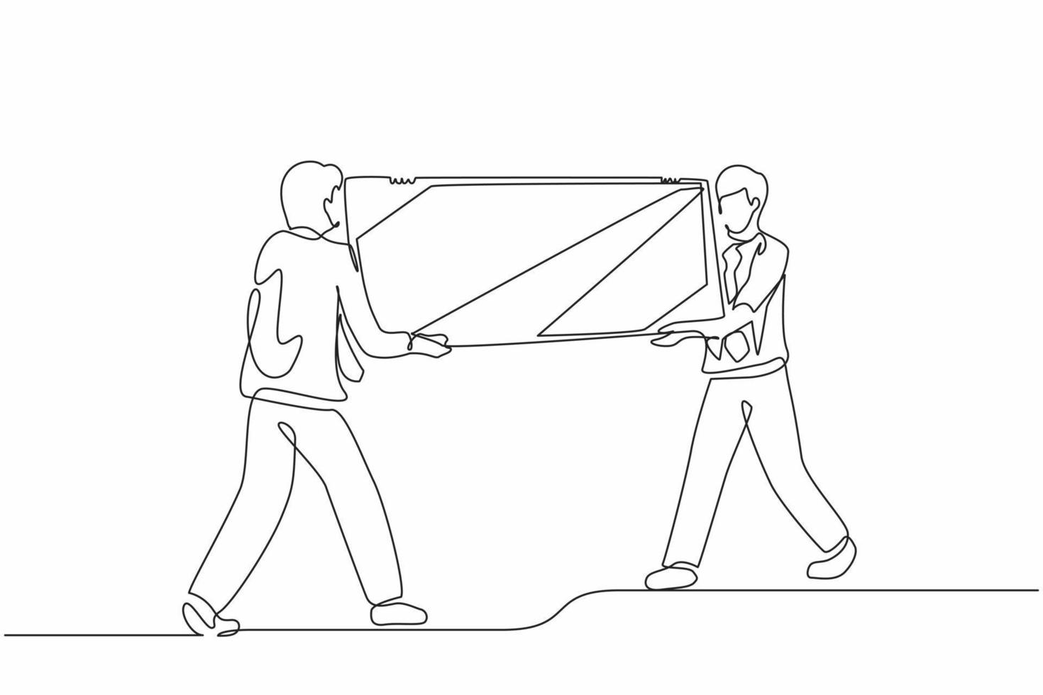 une ligne continue dessinant des chargeurs masculins transportant un grand miroir vers un nouveau bureau. deux hommes d'affaires avec des meubles dans le hall du bâtiment. déménagement dans un nouvel appartement, concept de livraison. vecteur de conception de dessin à une seule ligne