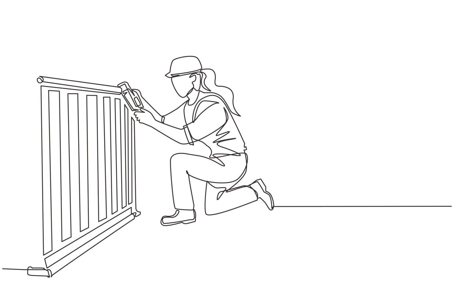 réparation de plombier à dessin en ligne continue et installation de batteries. réparatrice fixant les tuyaux dans le radiateur de la batterie de chauffage. service professionnel de réparation et d'entretien. vecteur de conception de dessin d'une ligne