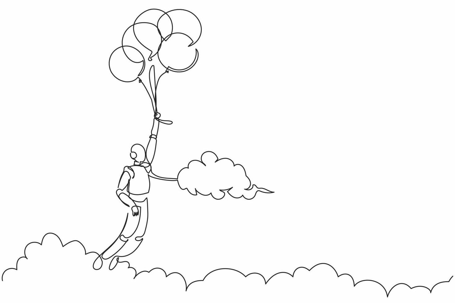 robot de dessin d'une seule ligne volant avec un ballon à travers le nuage. atteint l'objectif, la cible, trouve une solution. développement technologique futur. intelligence artificielle. illustration vectorielle de conception de ligne continue vecteur