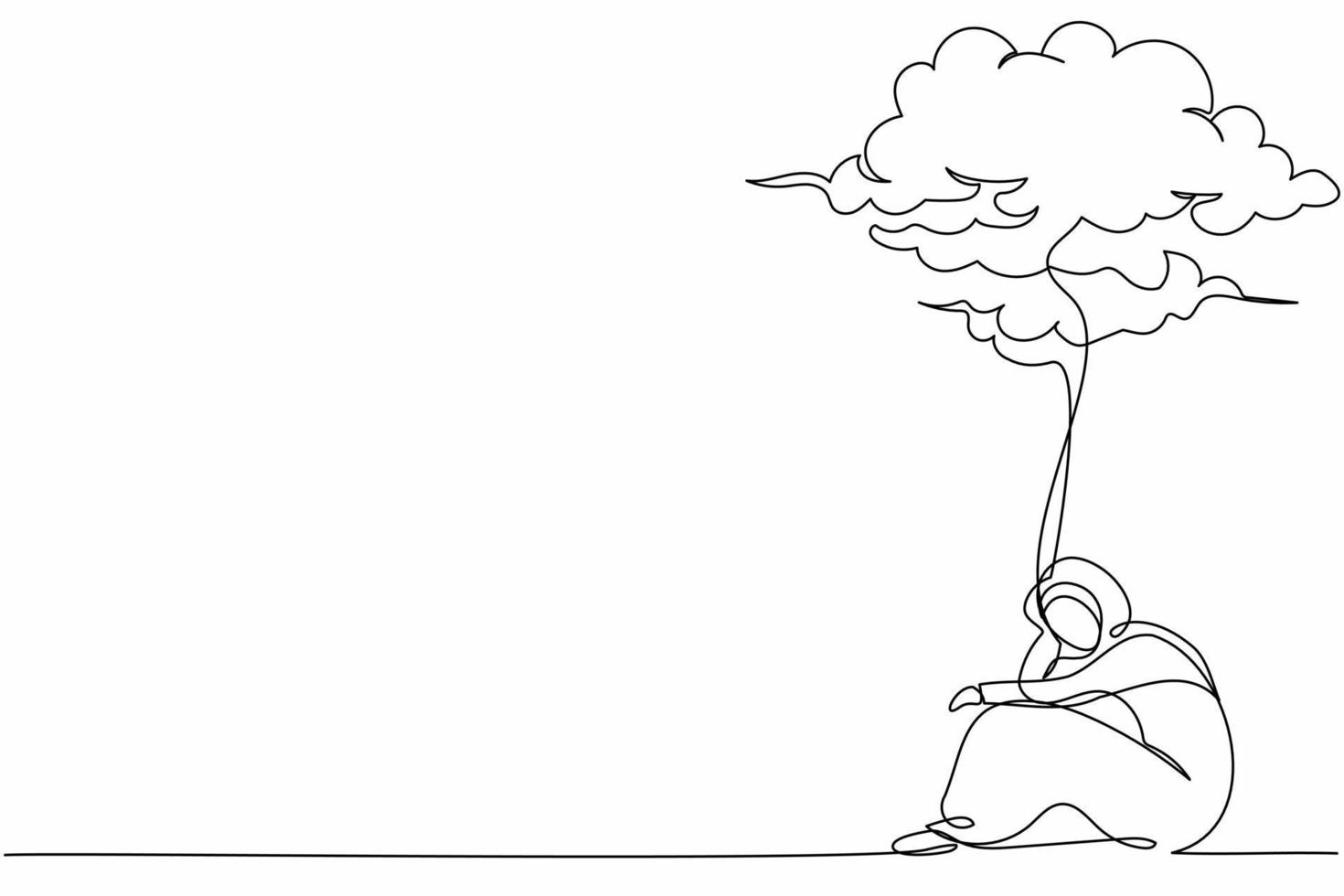 une seule ligne dessinant une femme d'affaires arabe malheureuse se sentant triste, dépression assise sous un nuage de pluie. travailleur déprimé en situation de stress avec problème. illustration vectorielle graphique de conception de dessin en ligne continue vecteur