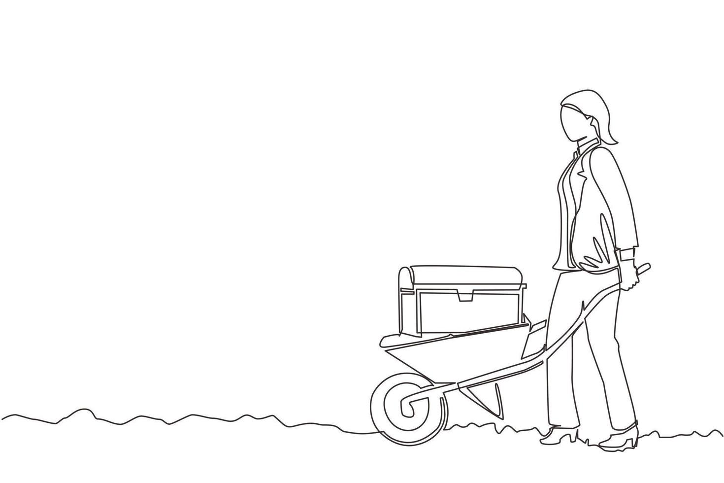 une seule ligne dessinant une femme d'affaires heureuse en blazer poussant un chariot avec un coffre au trésor. brouette avec or, bijoux, trésors. entreprise, concept financier. vecteur graphique de conception de dessin en ligne continue