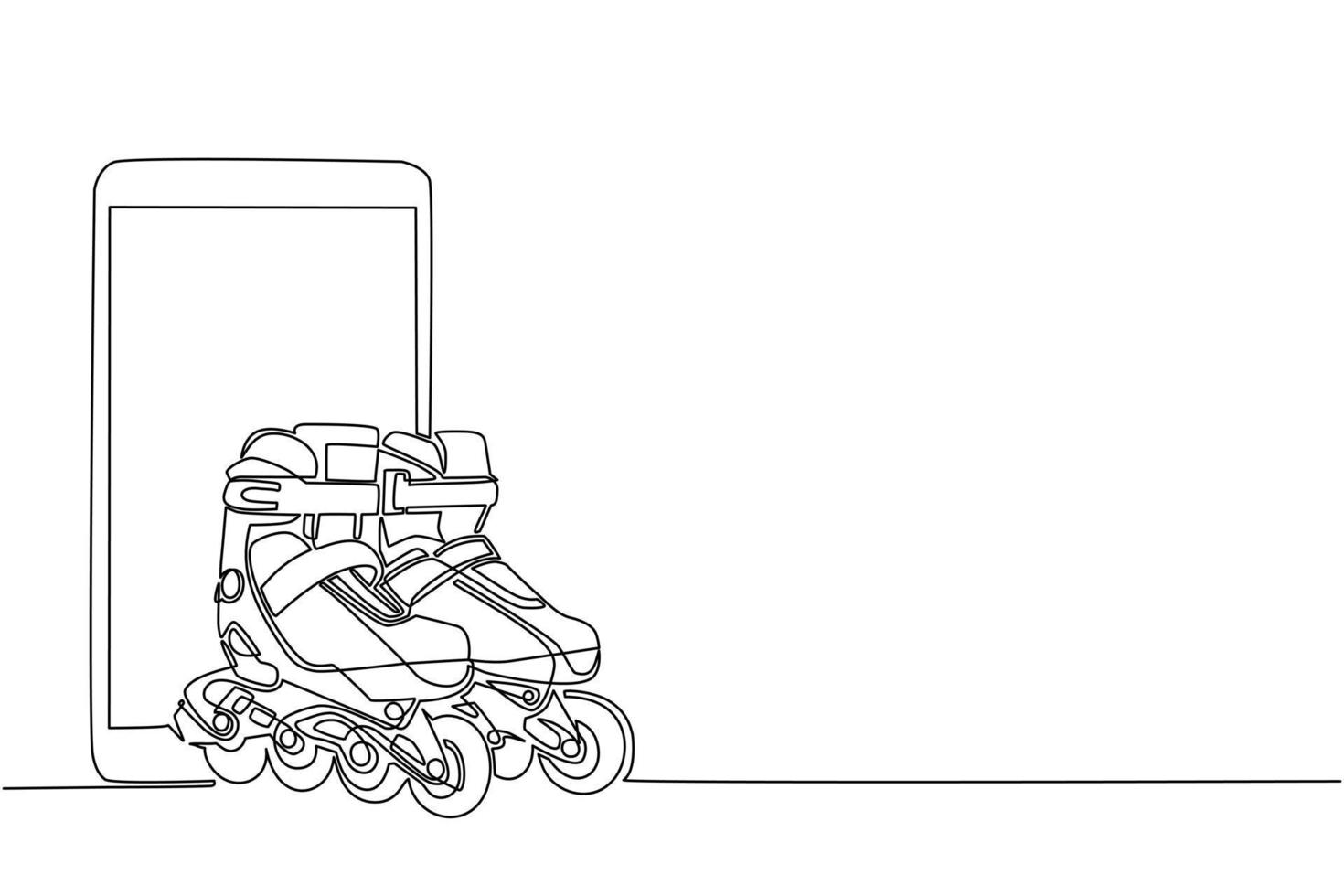 smartphone à une seule ligne et patin à roues alignées. paire de vieilles chaussures de patin à roulettes quad rétro en plastique. concept de sport de remise en forme sain. illustration vectorielle graphique de conception de ligne continue moderne vecteur