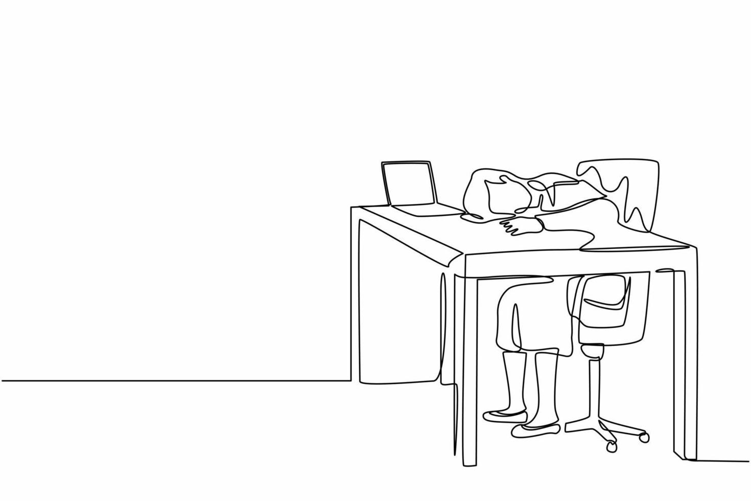 dessin en ligne continu unique épuisé malade fatigué femme gestionnaire au bureau triste ennuyeux assis avec la tête baissée sur l'ordinateur portable. problèmes de santé mentale des travailleurs frustrés. une ligne dessiner vecteur de conception graphique