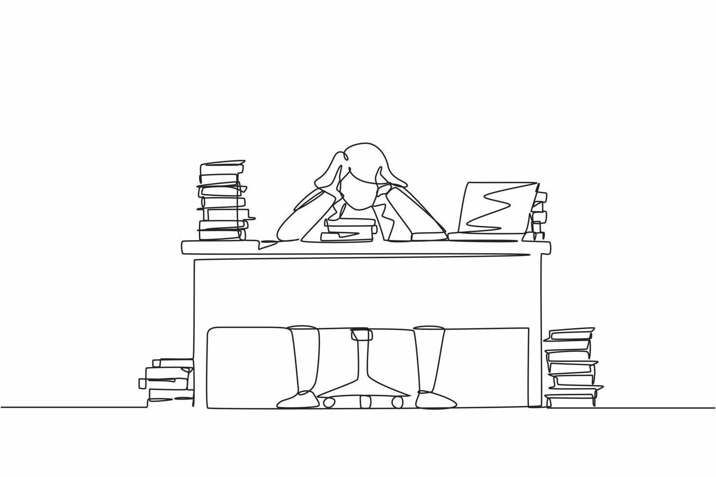 dessin en ligne continue unique femme d'affaires stressée faisant une crise de colère au bureau tenant ses mains à sa tête en criant alors qu'elle était assise à un bureau entouré de dossiers. une ligne dessiner vecteur de conception graphique