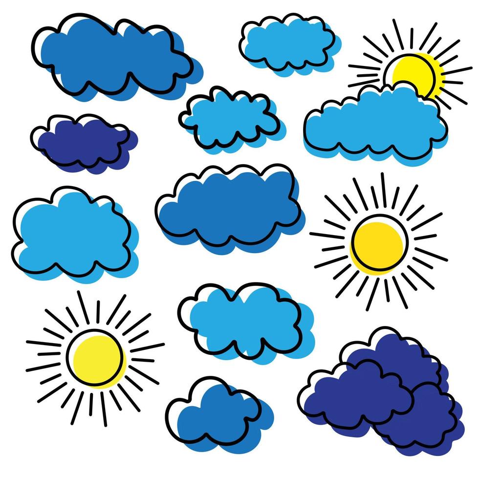 personnages météo mignons - nuages, soleil. caractères météo kawaii isolés sur fond blanc. style plat de dessin animé illustration vectorielle. vecteur