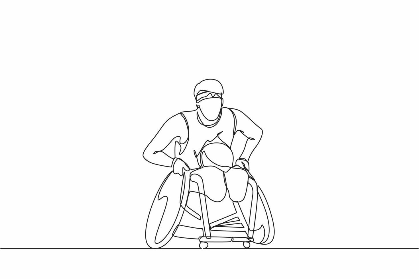 un sportif de dessin continu d'une ligne joue au rugby lors d'une compétition de sport en fauteuil roulant. joueur de rugby handicapé en fauteuil roulant. athlète souffrant de troubles physiques. graphique vectoriel de conception de dessin à une seule ligne
