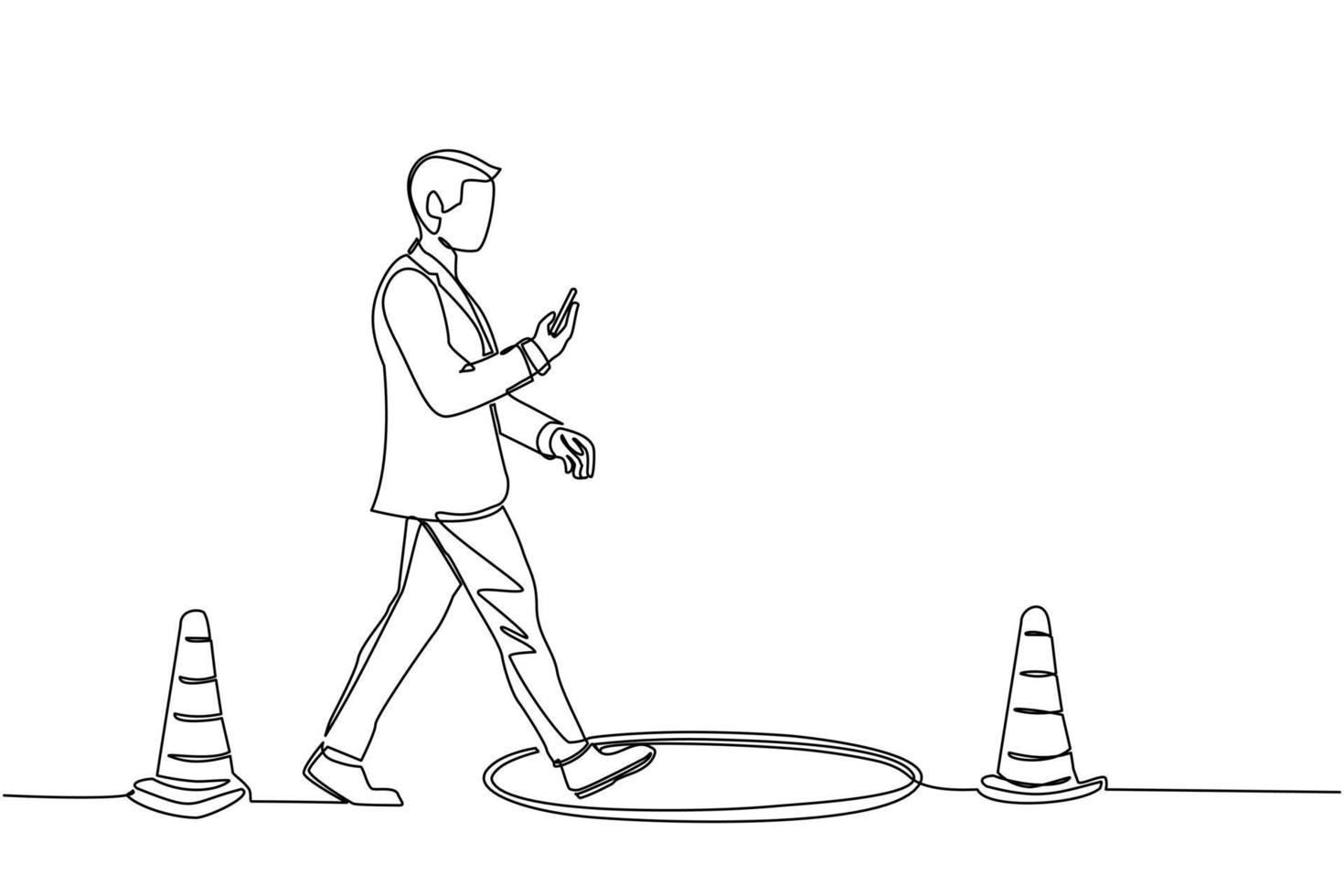 personnage d'homme d'affaires dessinant une seule ligne allant dans la rue en regardant par téléphone intelligent et n'a pas vu de trou d'homme ouvert. l'homme se dirige vers le rap d'affaires. illustration vectorielle graphique de conception de dessin en ligne continue vecteur