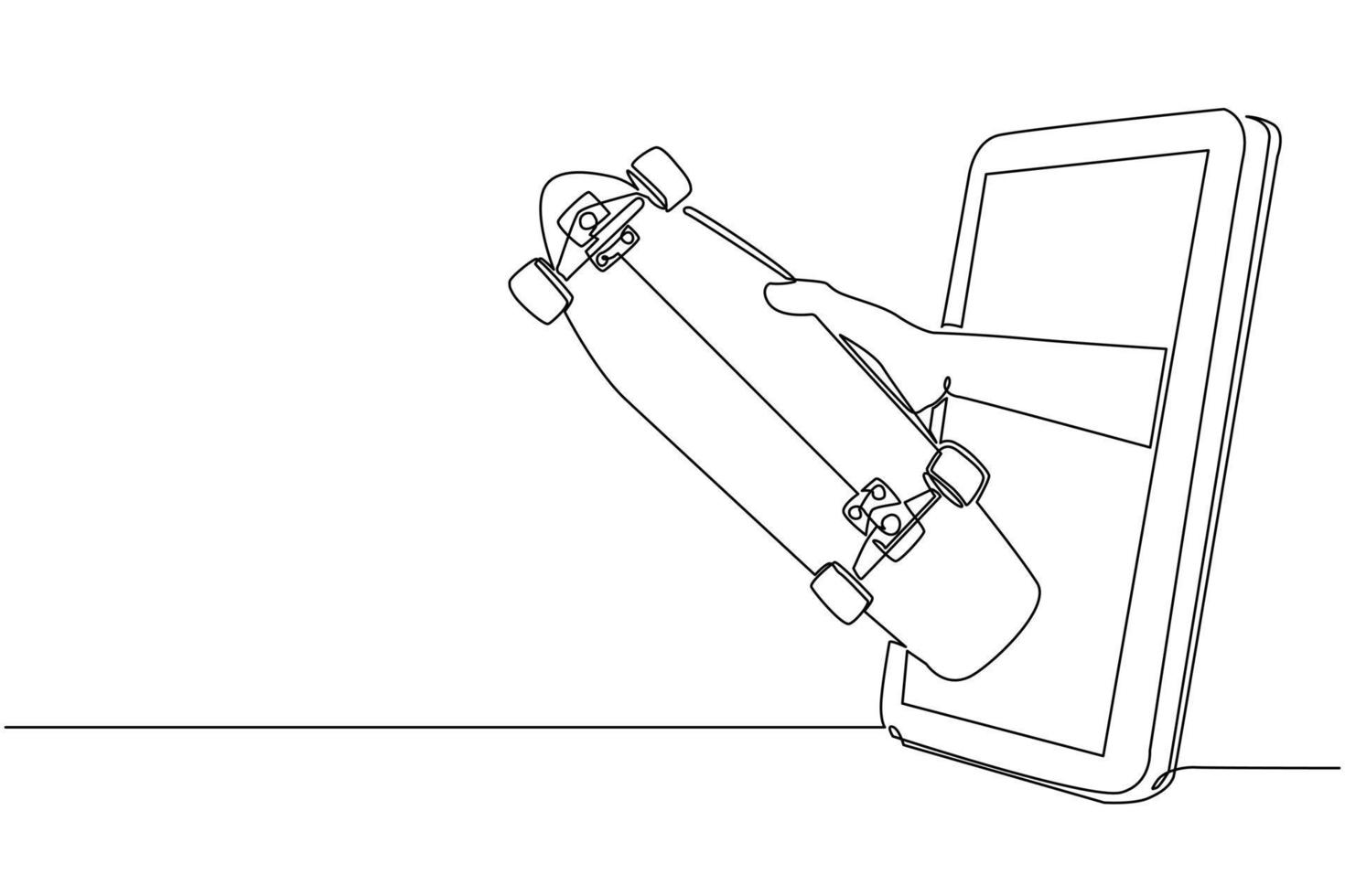 la main continue du joueur de dessin d'une ligne tient la planche à roulettes via le téléphone portable. smartphone avec application de jeux de skateboard. championnat de flux de sports mobiles. illustration vectorielle de dessin à une seule ligne vecteur