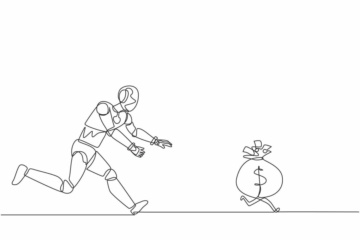 robot de dessin en ligne continue unique chassant le sac d'argent dollar s'enfuir. intelligence artificielle robotique moderne. industrie de la technologie électronique. dynamique une ligne dessiner illustration vectorielle de conception graphique vecteur