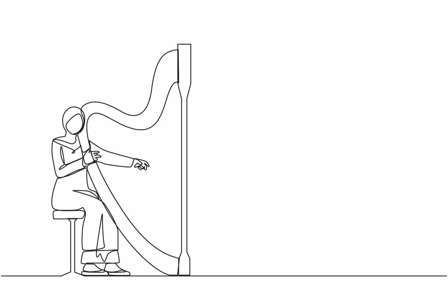 une seule ligne dessinant une musicienne arabe jouant de la harpe. personnage d'interprète de musique classique avec instrument de musique. femme assise, jouant de la harpe. illustration vectorielle graphique de conception de ligne continue vecteur