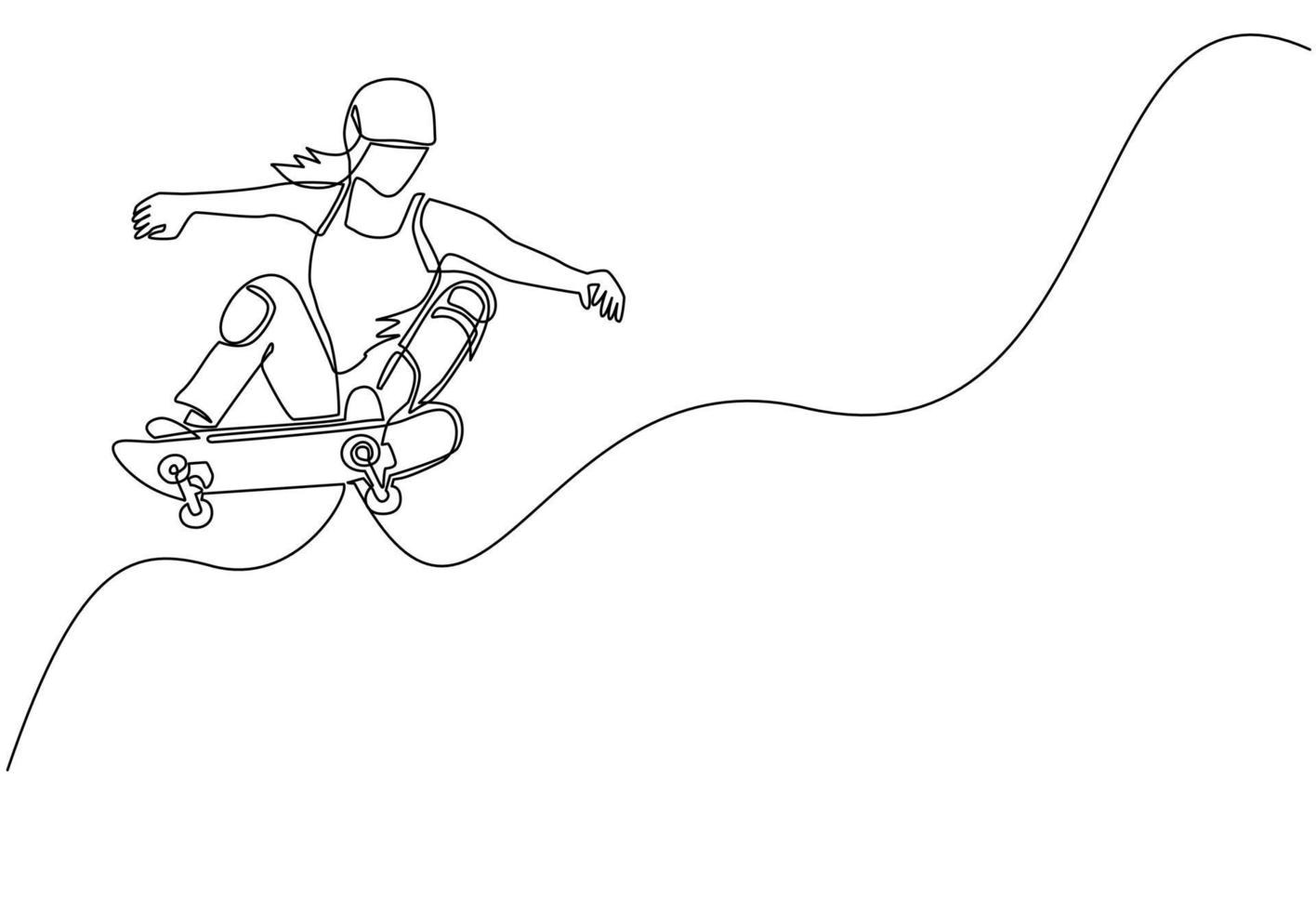 une seule ligne continue dessinant une jeune femme de skateboard cool faisant du skateboard et faisant des tours de saut dans le skate park. sport adolescent extrême. concept de mode de vie sportif sain. vecteur de conception de dessin d'une ligne