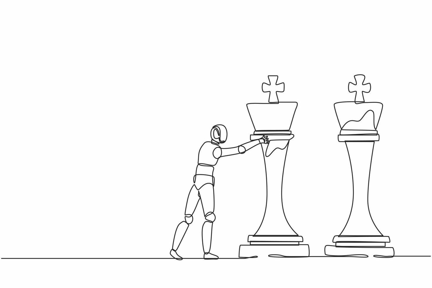 un seul robot de dessin à une ligne pousse une énorme pièce d'échecs du roi pour abattre l'autre roi. technologie future. processus d'apprentissage automatique de l'intelligence artificielle. vecteur graphique de conception de dessin en ligne continue