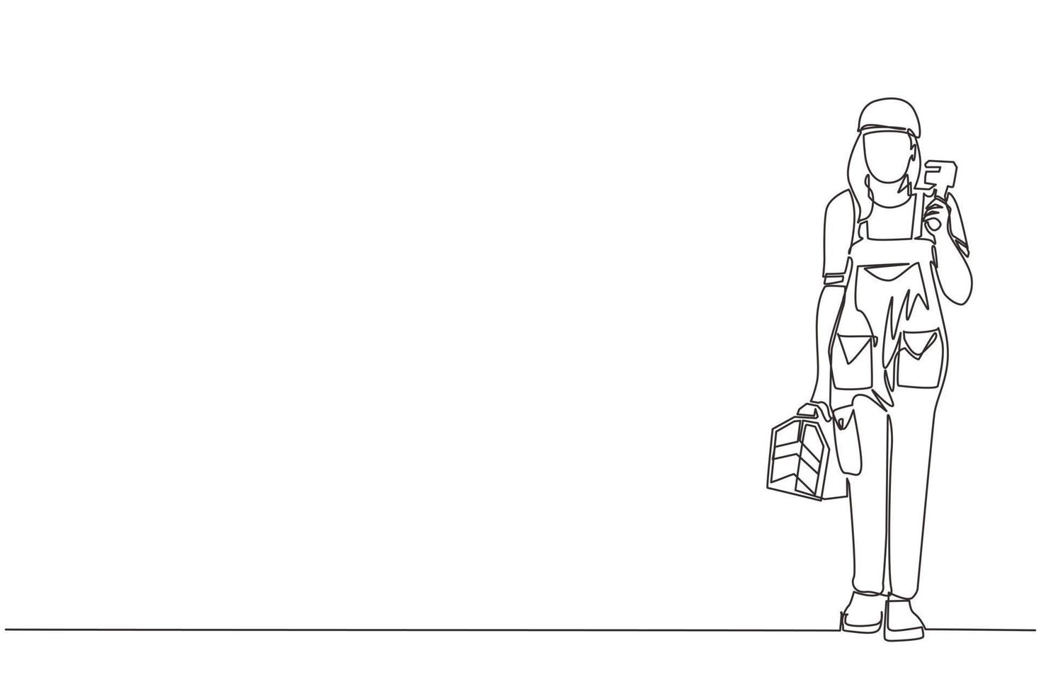 une seule ligne dessinant une femme plombier tenant une clé et une boîte à outils dans les mains se tient isolé. personnage de femme de service professionnel en uniforme prêt à travailler. vecteur graphique de conception de dessin en ligne continue