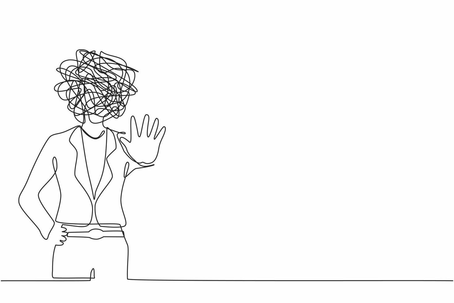 une ligne continue dessinant une femme d'affaires avec des gribouillis ronds au lieu de la tête. femme faisant signe de geste d'arrêt avec la main, disant non. signal d'avertissement avec la paume de la main. graphique vectoriel de conception à une seule ligne