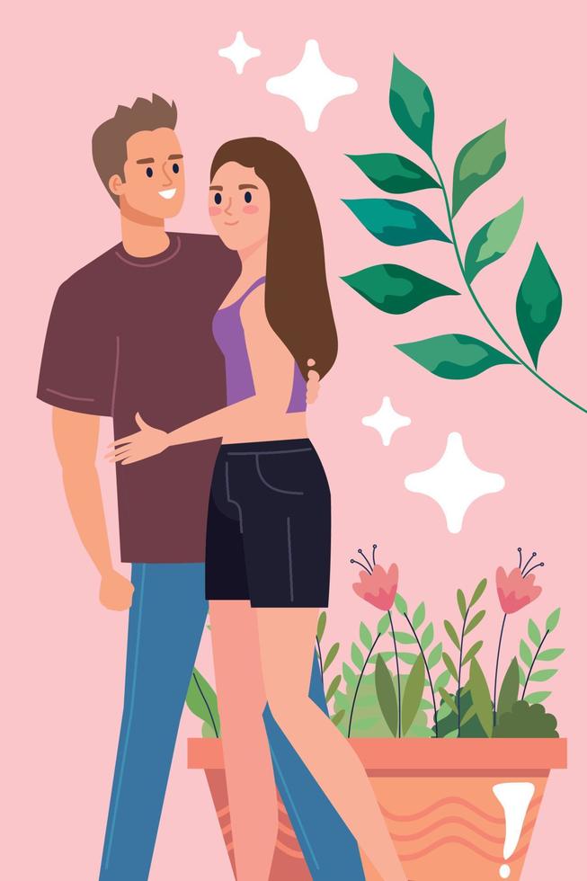 couple amoureux avec plante d'intérieur vecteur