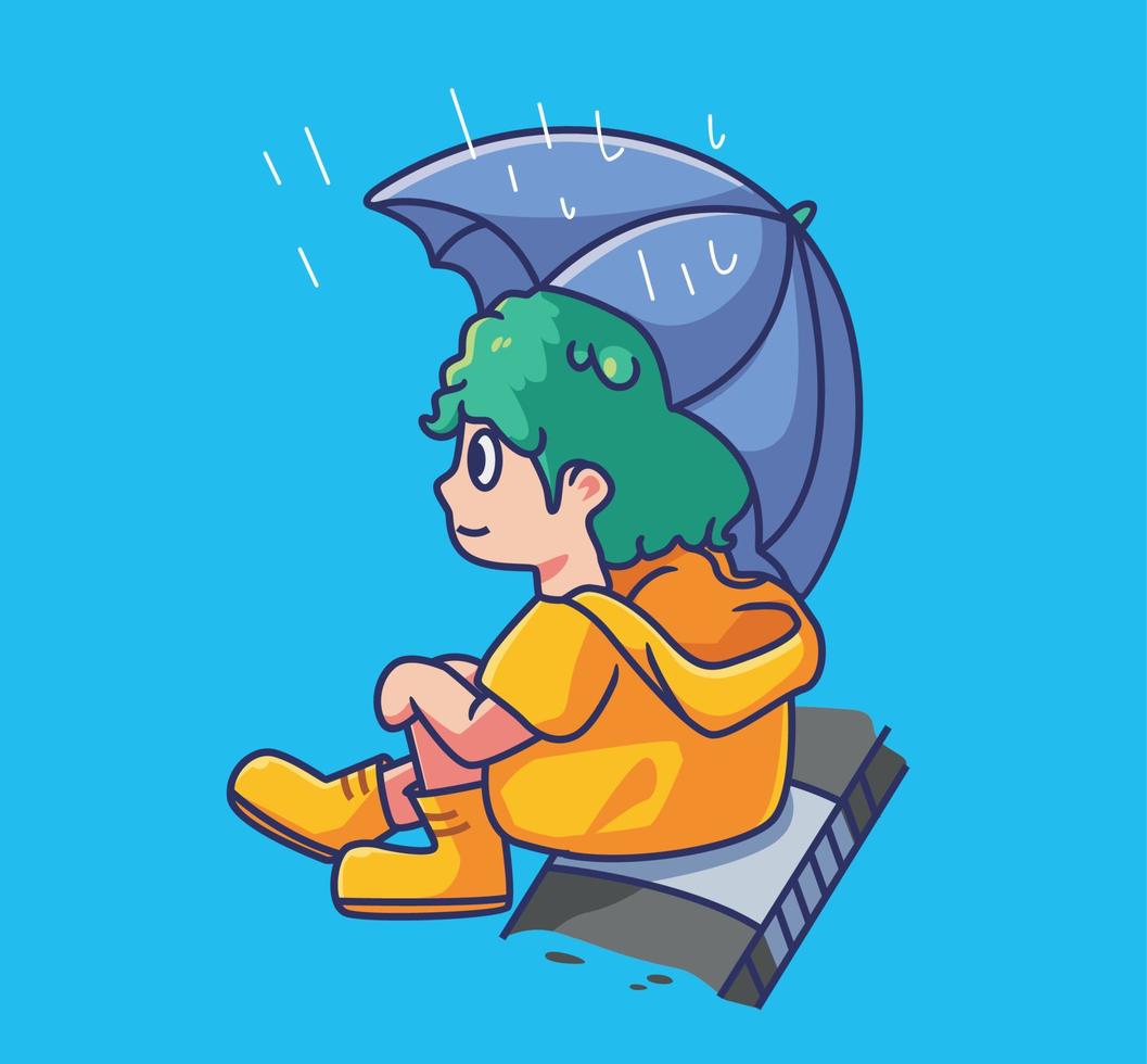 mignon petit garçon portant un manteau de pluie et un parapluie. illustration de personne de dessin animé isolé. vecteur d'élément d'autocollant de style plat