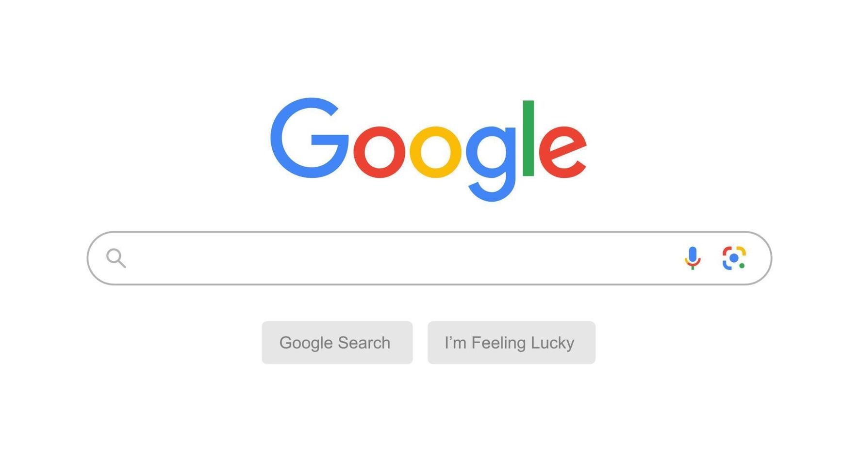 page de recherche google, page de recherche google sur fond blanc avec icônes de type de voix et d'objectif et texte en bas vecteur