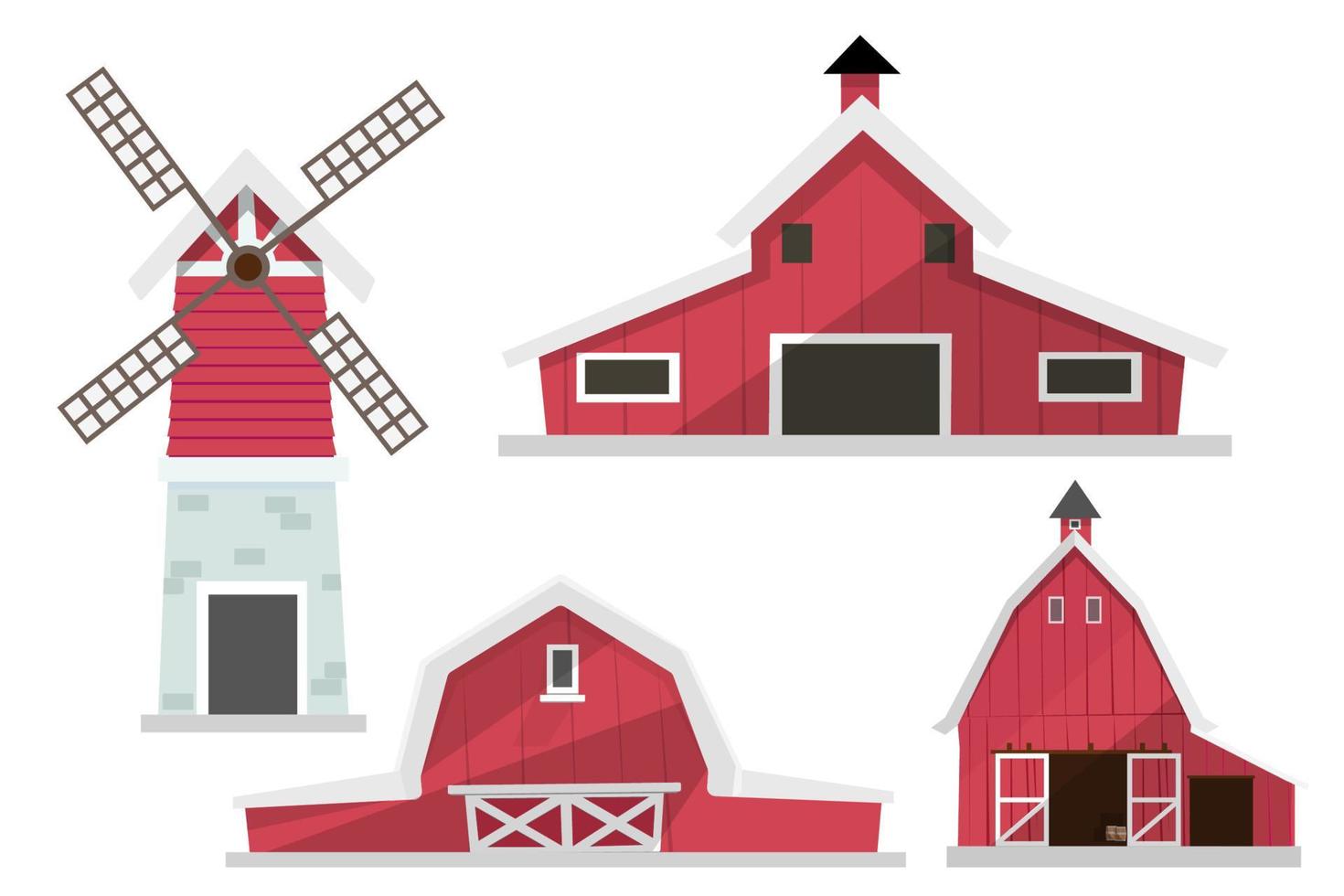 ensemble d'éléments de la ferme. illustrations isolées de l'agriculture. granges, éoliennes. vecteur