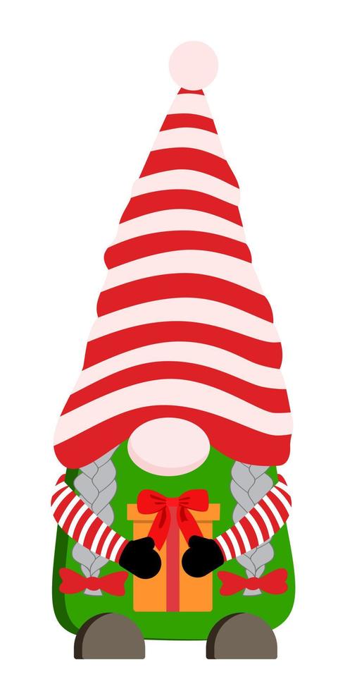 dessin animé fille de gnome de noël au chapeau rayé tenant un cadeau avec un clipart arc. illustration vectorielle. isolé sur fond blanc. illustration de noël et bonne année. modèle de conception de vacances. vecteur