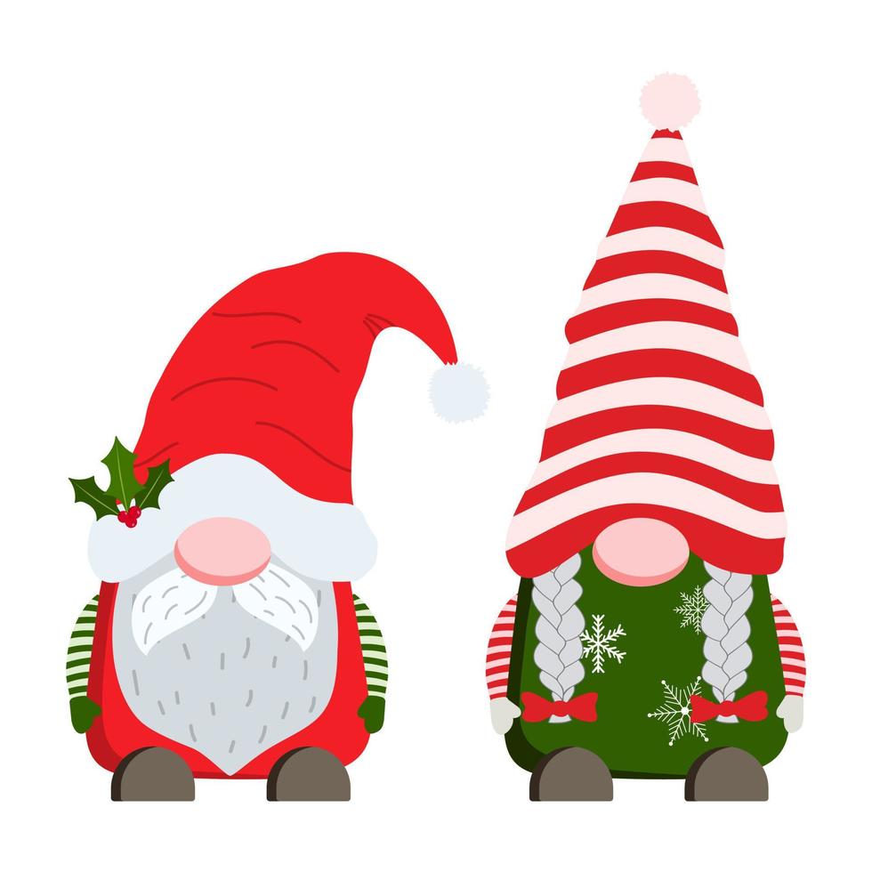 dessin animé garçon gnome de noël avec barbe et moustaches, fille gnome avec mariées. illustration vectorielle. isolé sur fond blanc. illustration de noël et bonne année. modèle de conception à la mode. vecteur