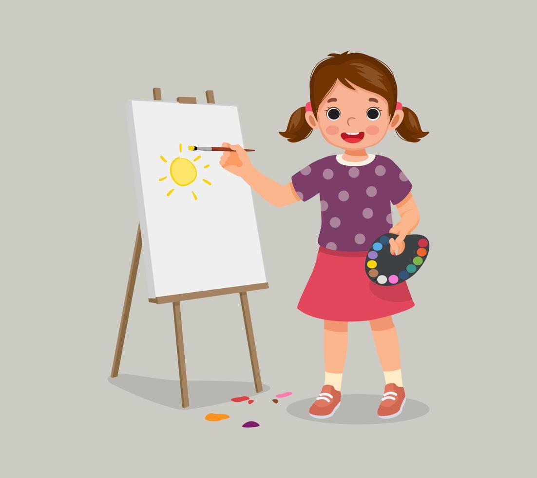 Happy little girl artist holding palette de couleurs et peinture au pinceau sur la toile vecteur