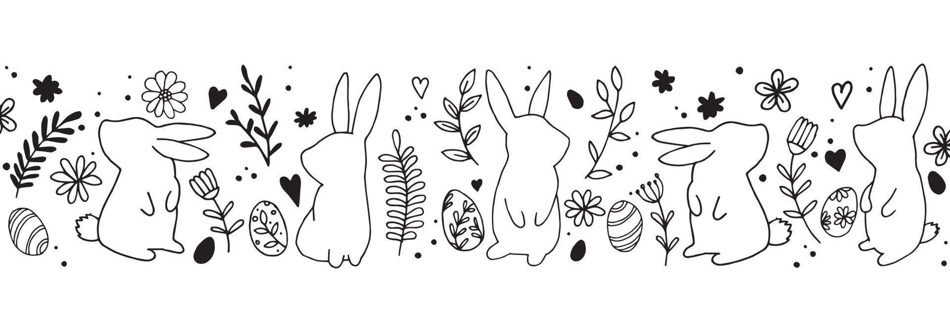 dessin vectoriel. impression de pâques, bannière. bordure harmonieuse de style doodle avec de jolis lapins de pâques, des lièvres, des œufs et des fleurs abstraites. dessin au trait noir et blanc vecteur