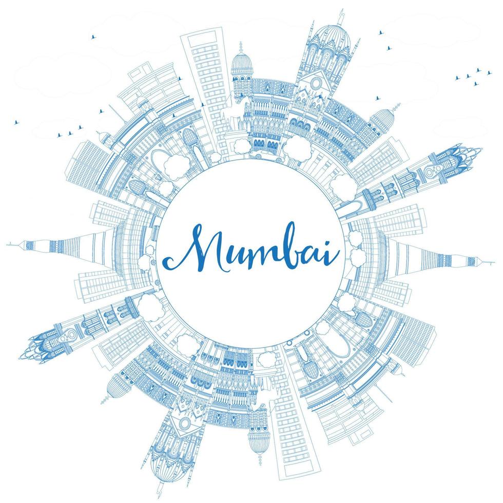 contour de l'horizon de mumbai avec des points de repère bleus. vecteur