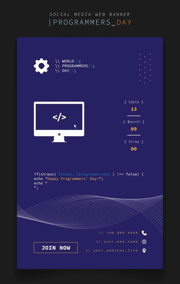 modèle de bannière sur fond violet avec écran d'ordinateur pour la conception de la journée internationale des programmeurs vecteur