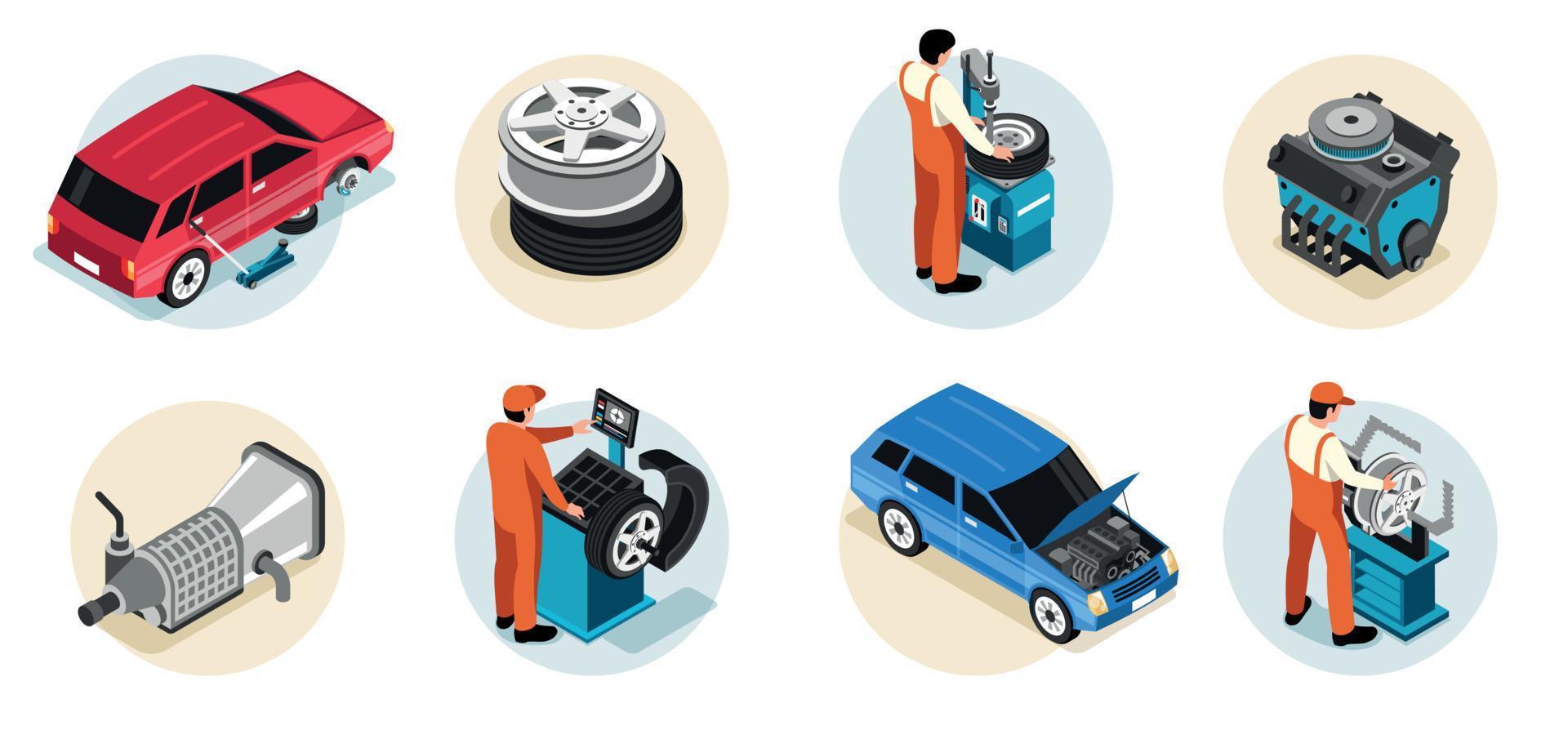 compositions isométriques de réparation de voiture vecteur