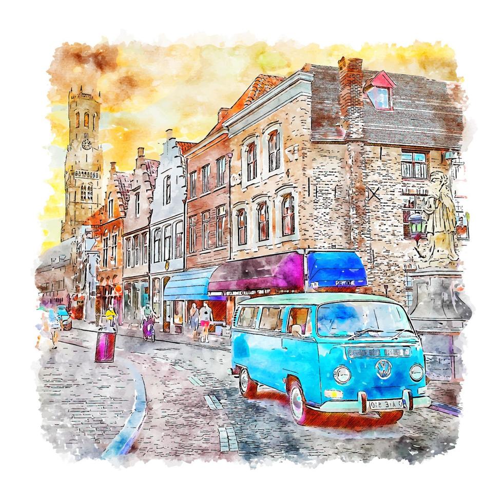 brugge belgique croquis aquarelle illustration dessinée à la main vecteur