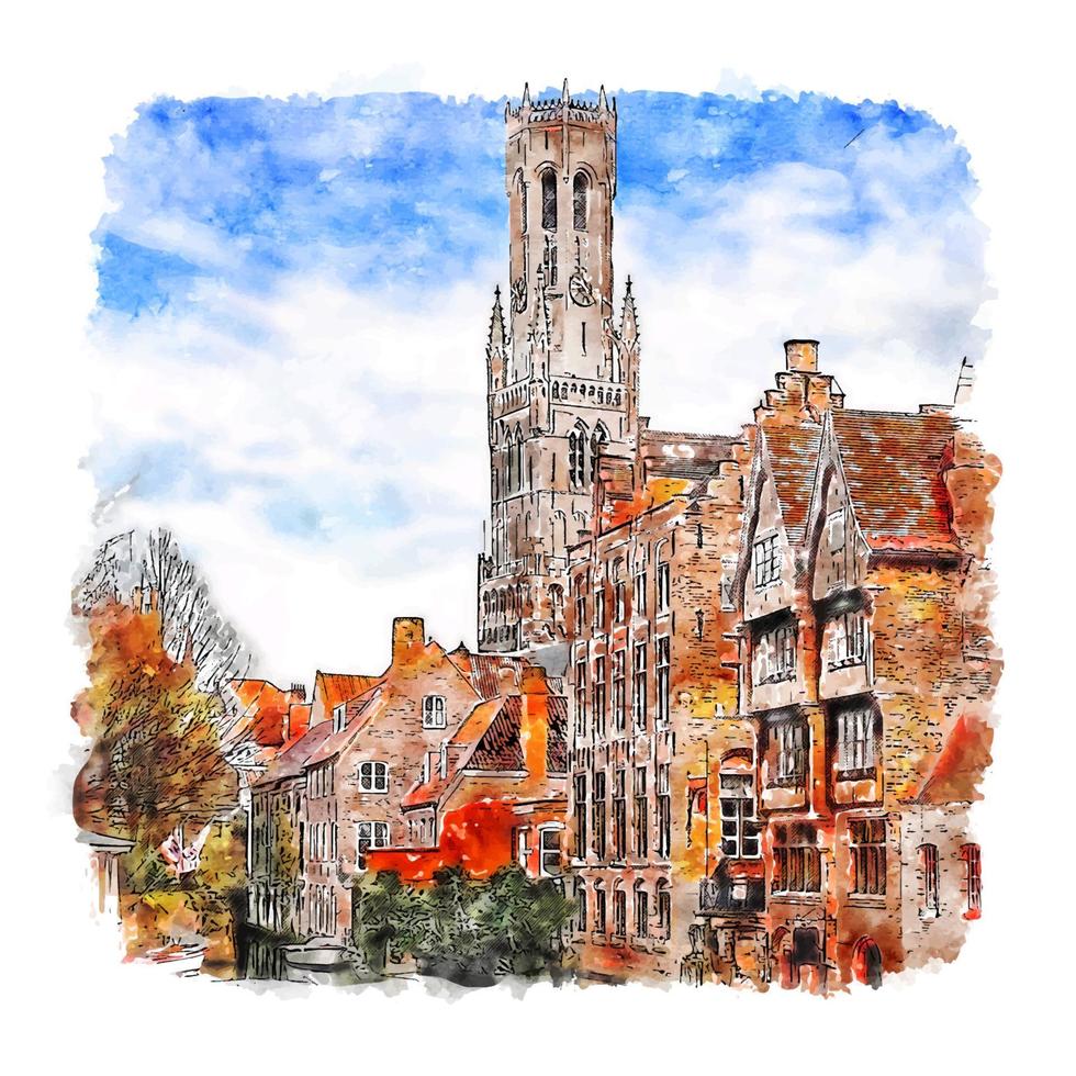 bruges belgique croquis aquarelle illustration dessinée à la main vecteur