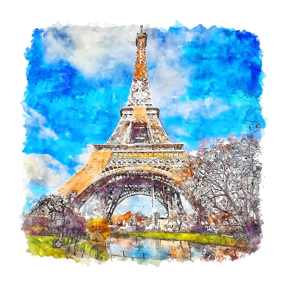 tour eiffel paris france croquis aquarelle illustration dessinée à la main vecteur