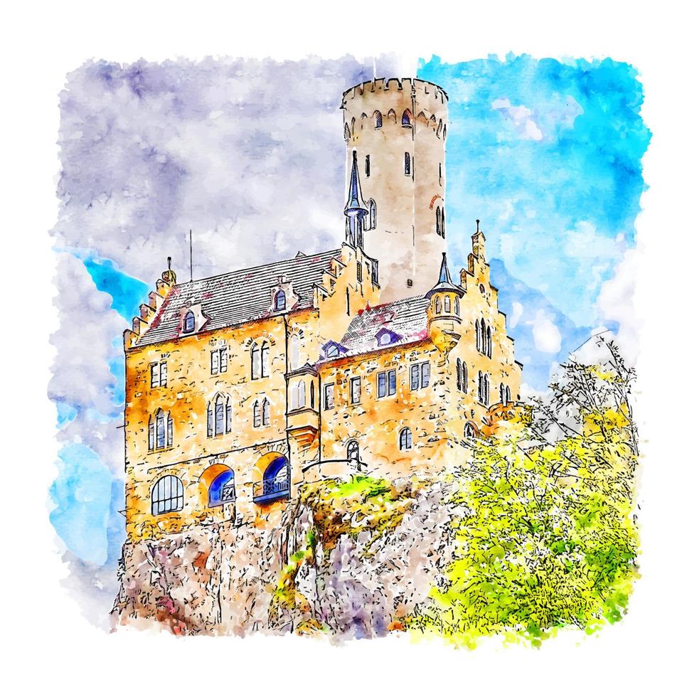 château de lichtenstein allemagne croquis aquarelle illustration dessinée à la main vecteur