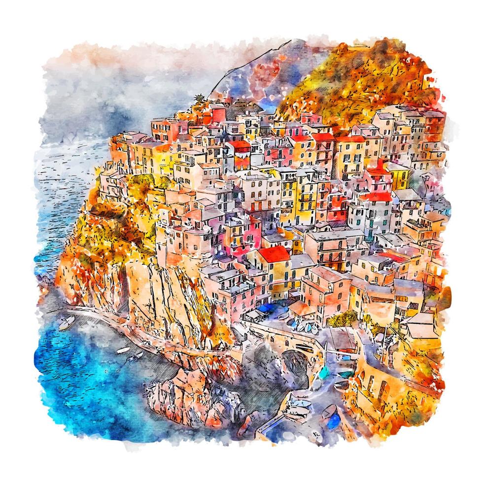 cinque terre italie croquis aquarelle illustration dessinée à la main vecteur