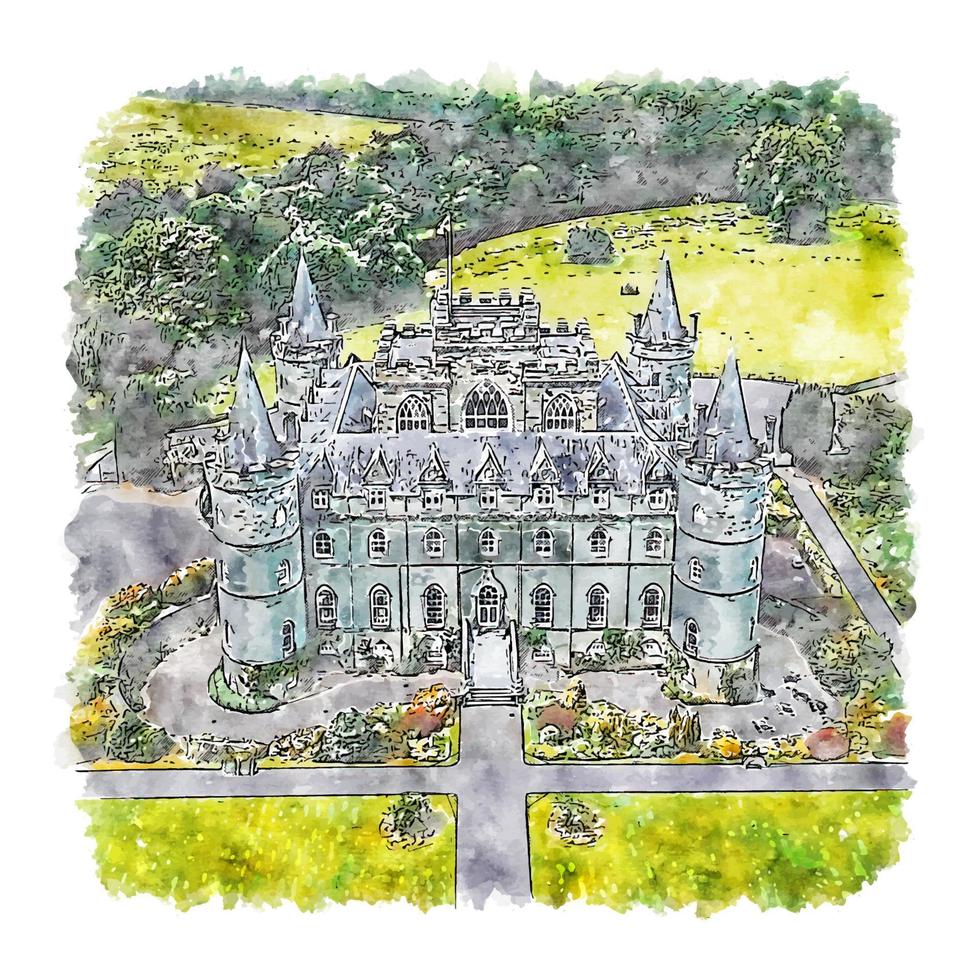 château d'inveraray ecosse croquis aquarelle illustration dessinée à la main vecteur