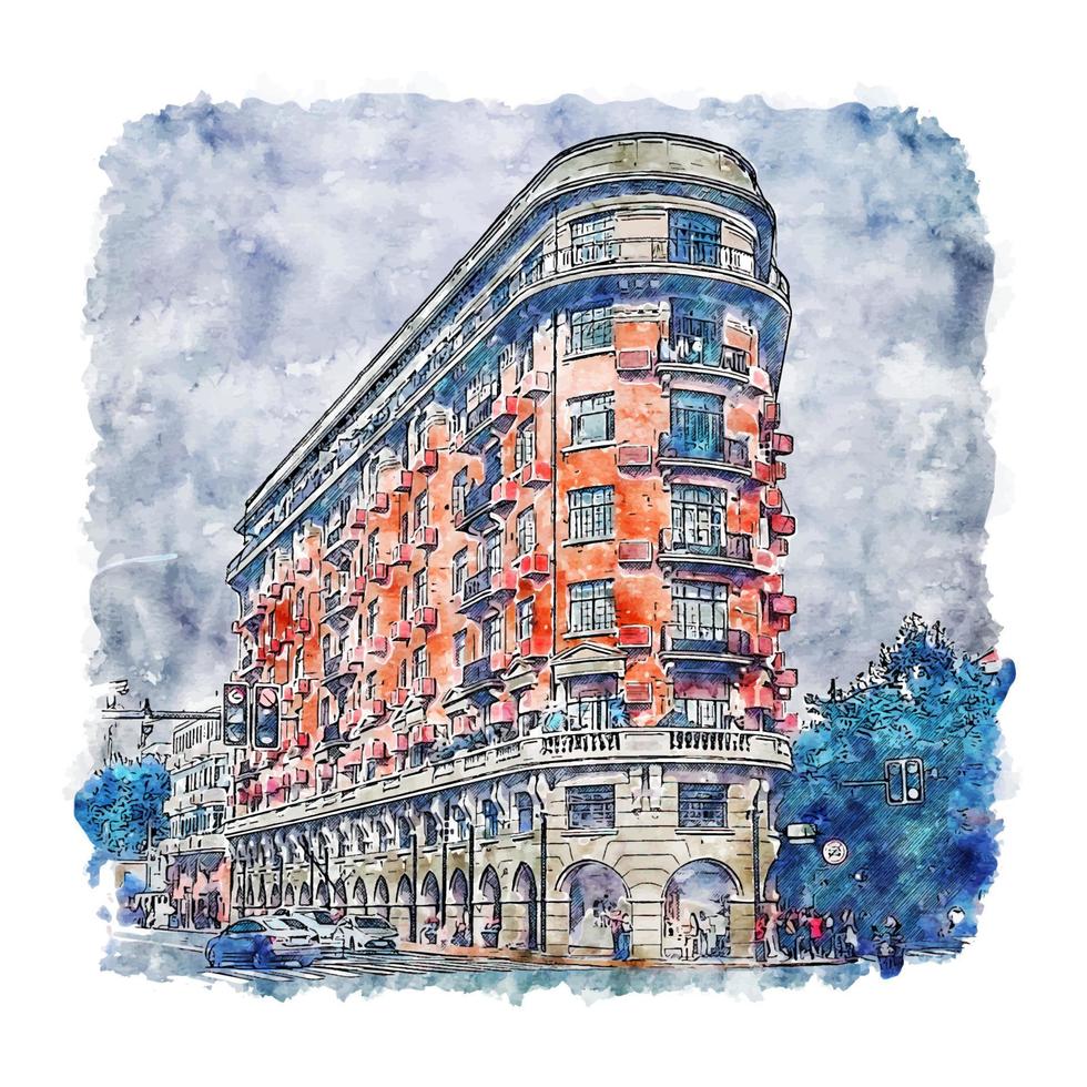 architecture shanghai chine croquis aquarelle illustration dessinée à la main vecteur