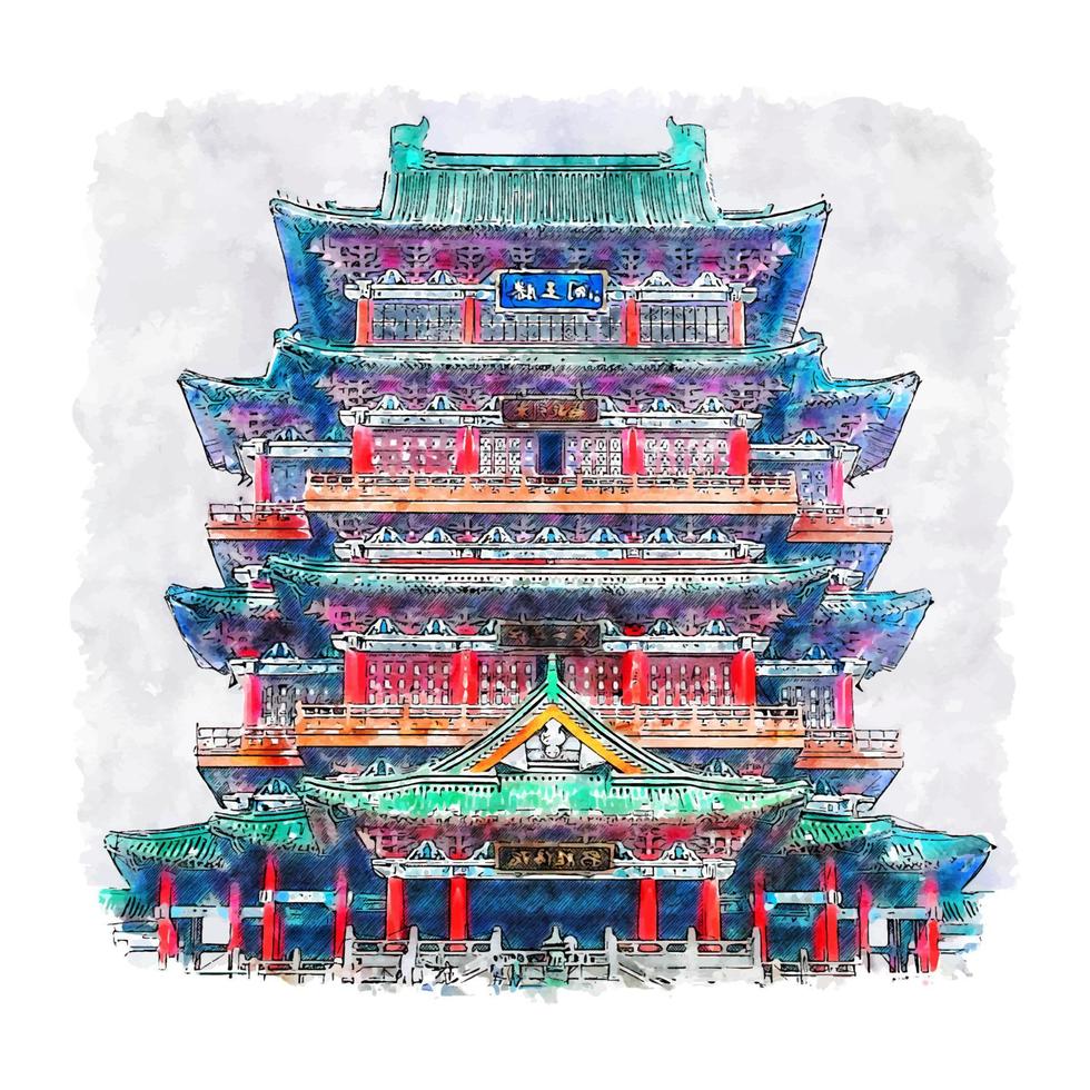 architecture château chine croquis aquarelle illustration dessinée à la main vecteur