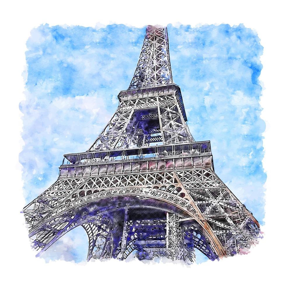 tour eiffel paris france croquis aquarelle illustration dessinée à la main vecteur