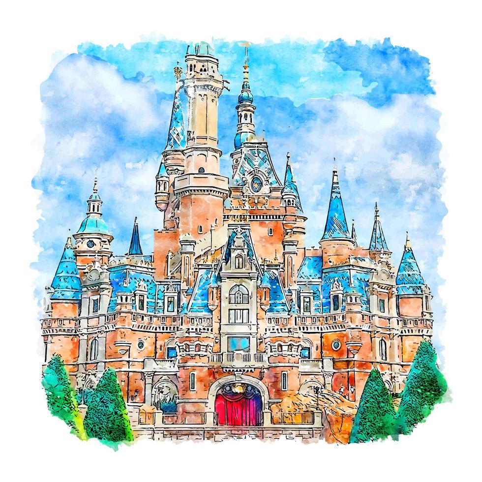 parc du château de shanghai croquis aquarelle illustration dessinée à la main vecteur