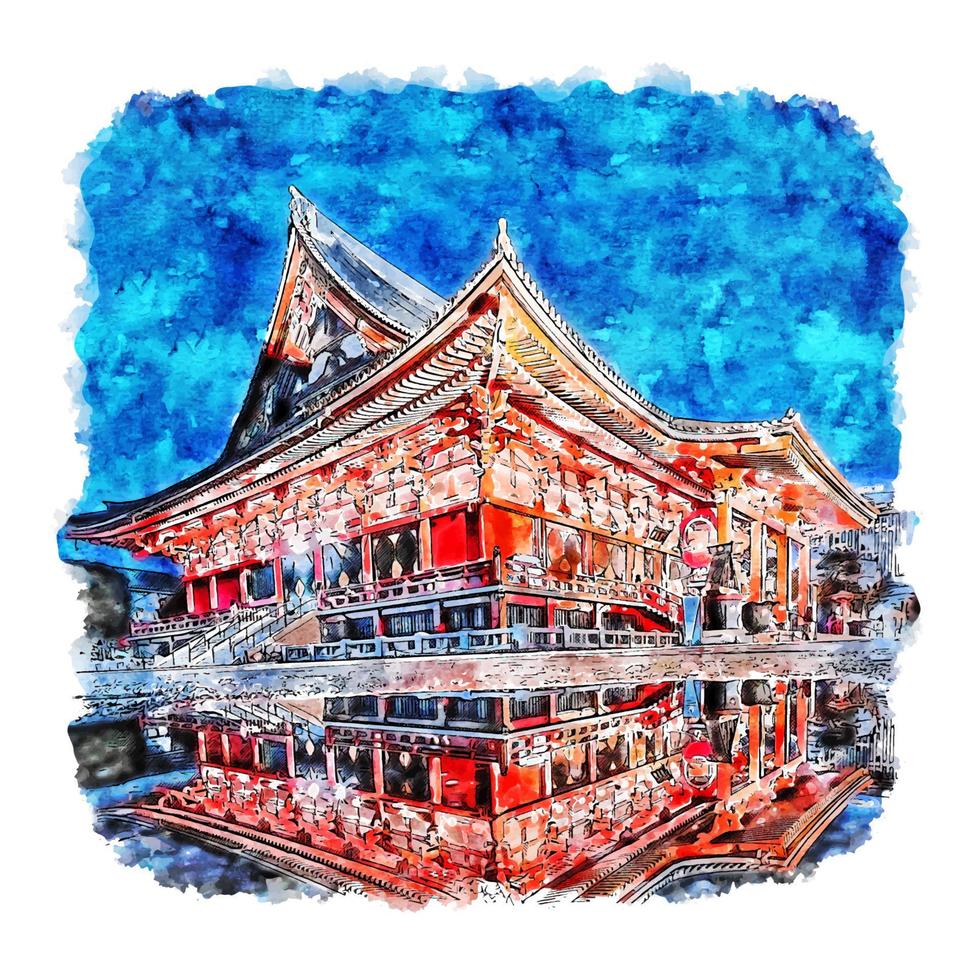 temple sensoji asakusa japon croquis aquarelle illustration dessinée à la main vecteur