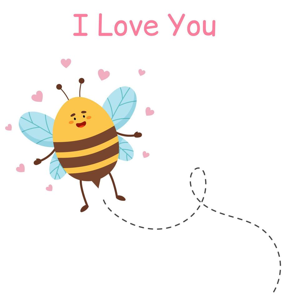 abeille de dessin animé volant sur un itinéraire pointillé. je t'aime. joli personnage d'abeille. carte de voeux pour la saint valentin et les jours fériés. vecteur