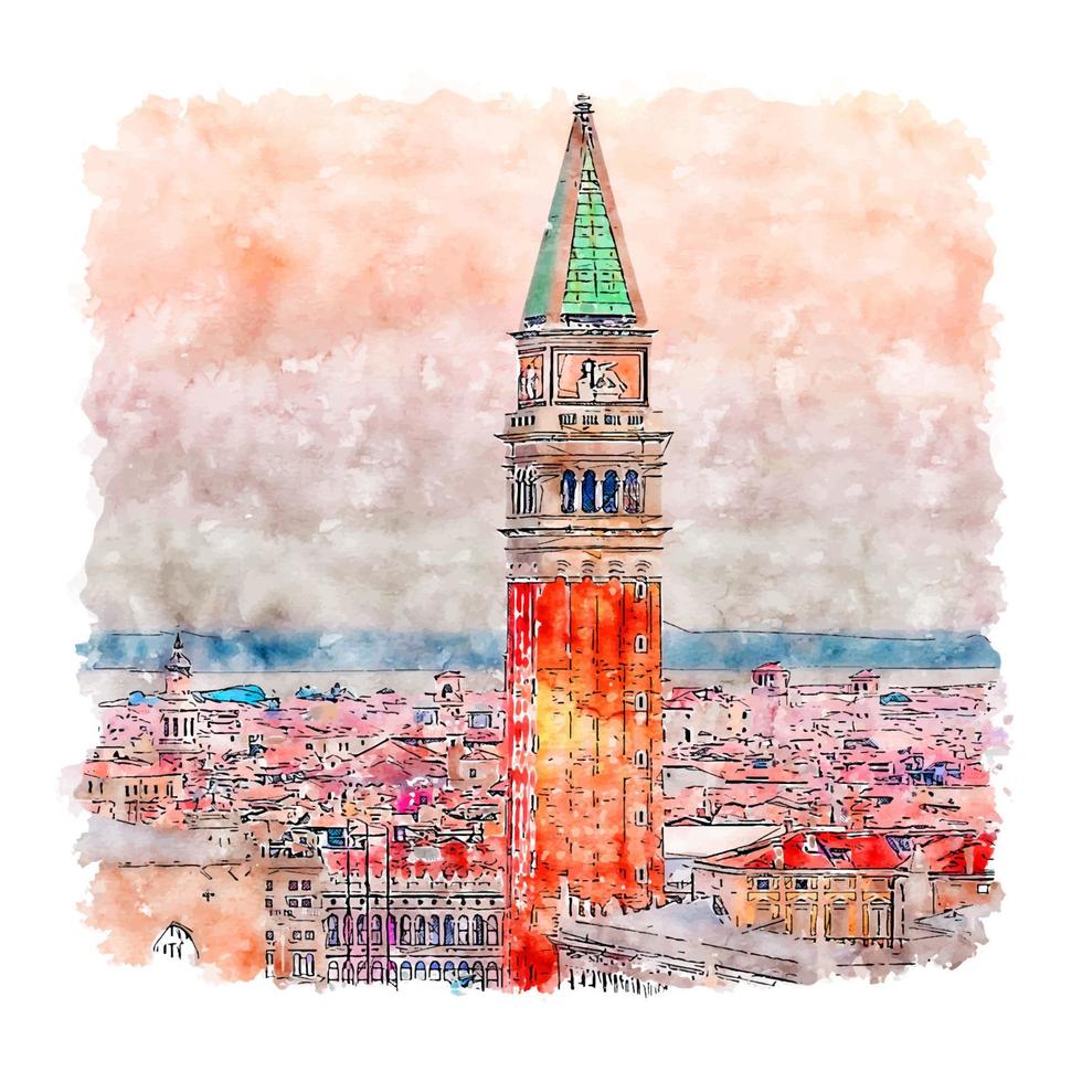 piazza san marco venezia croquis aquarelle illustration dessinée à la main vecteur