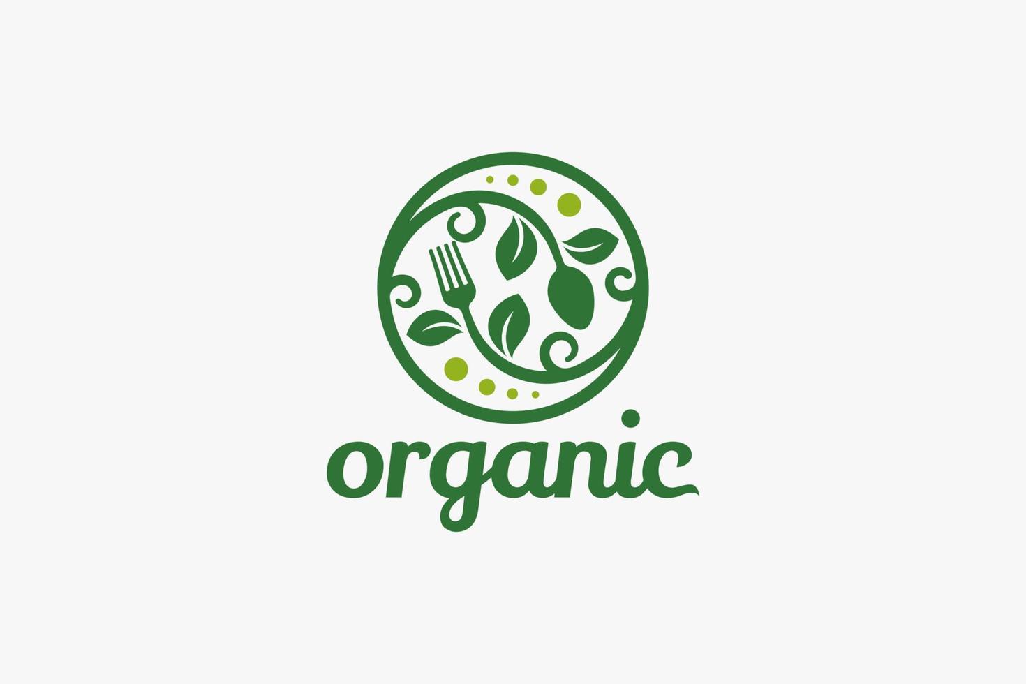 logo d'aliments biologiques avec une combinaison de fourchette, cuillère et plante en cercle. vecteur