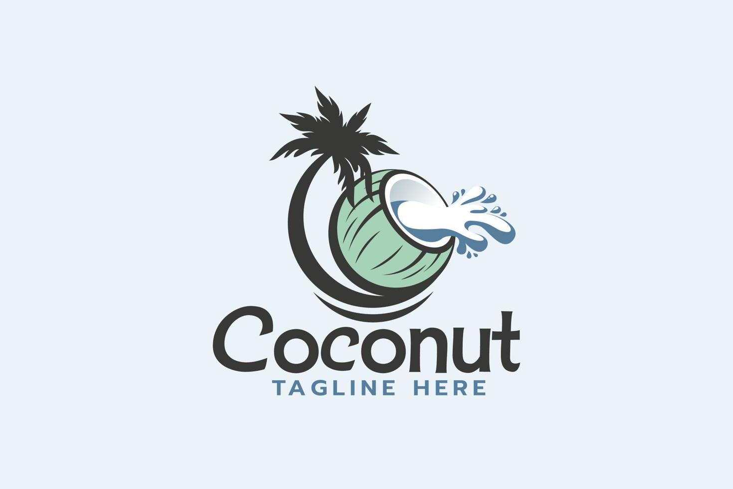 logo de noix de coco avec cocotier et eau de coco renversée. vecteur