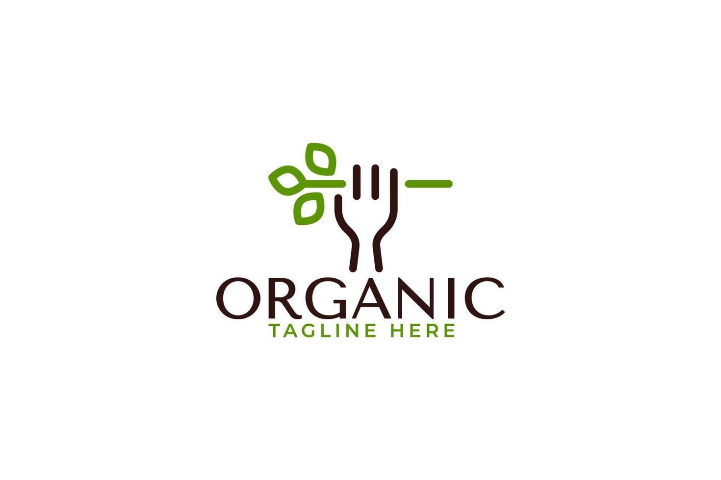 logo d'aliments biologiques avec une combinaison de fourchette, de plante et de main subtile pour toute entreprise. vecteur