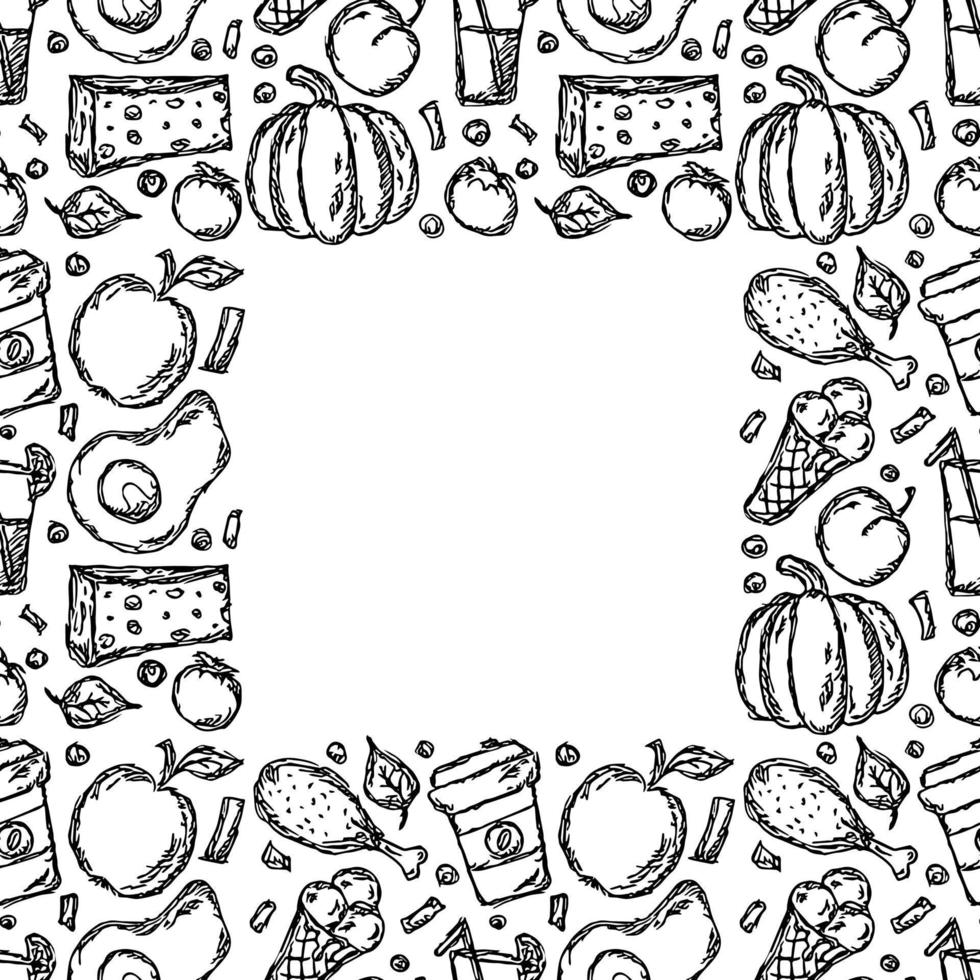 ensemble d'icônes sur le thème de la nourriture. vecteur alimentaire. vecteur de doodle avec des icônes de nourriture en noir et blanc. cadre alimentaire. vecteur libre