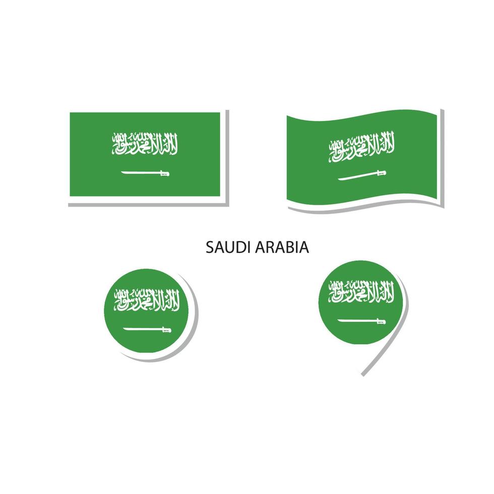 ensemble d'icônes du logo du drapeau saoudien, icônes plates rectangulaires, forme circulaire, marqueur avec drapeaux. vecteur